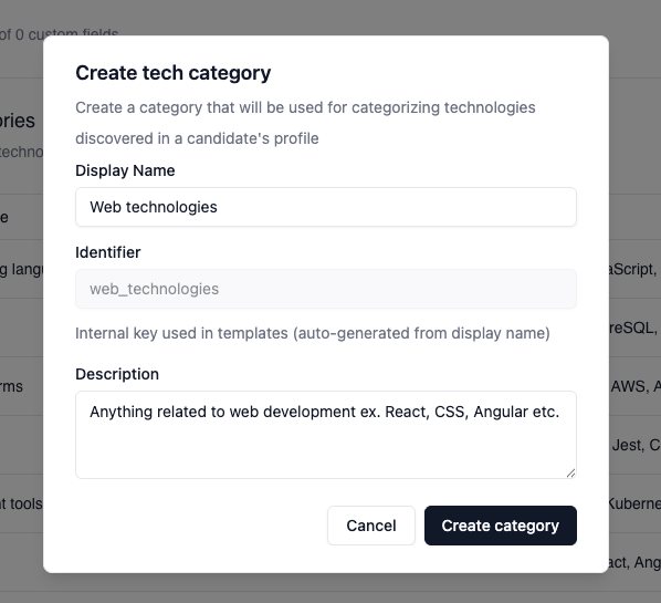 Add category dialog with display name and description fields